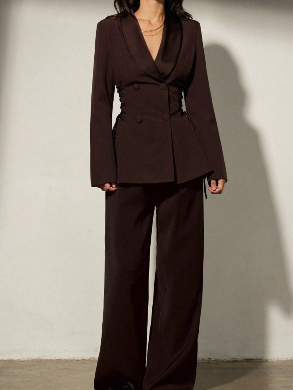 Brown Elegant Women's Patchwork Lace-Up Blazer Jacket & Casual Flare Pants Set
